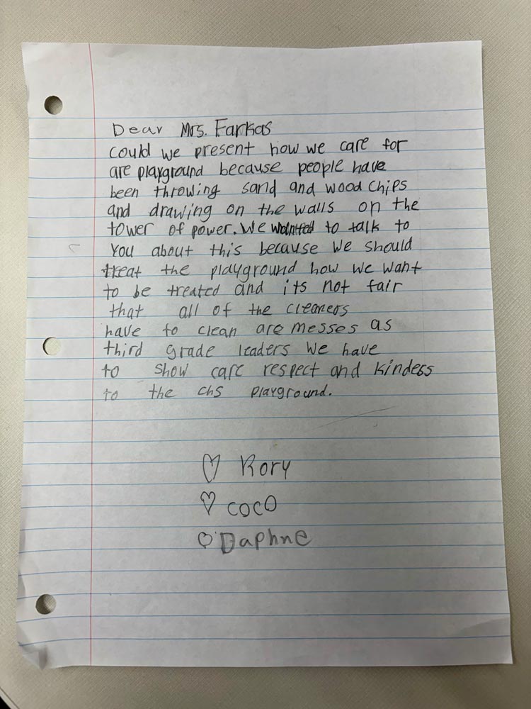 Letter from students about taking care of their playground